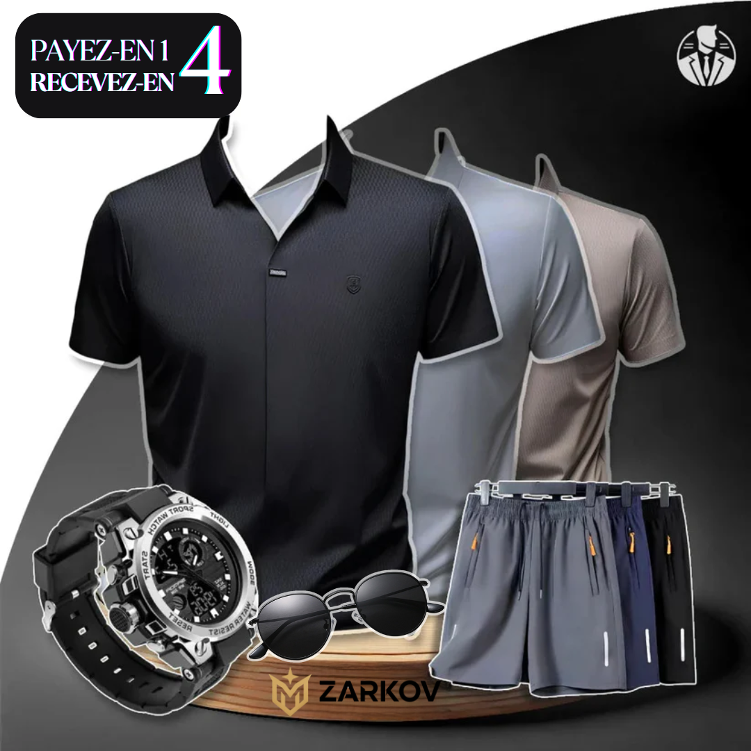 [Payez-en 1, Recevez-en 4] Kit de Chemises en Soie Glacée et Polyester + CADEAUX : 3 Shorts, Montre et Lunettes