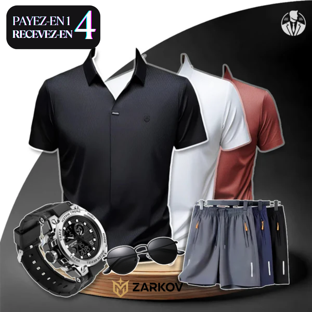 [Payez-en 1, Recevez-en 4] Kit de Chemises en Soie Glacée et Polyester + CADEAUX : 3 Shorts, Montre et Lunettes